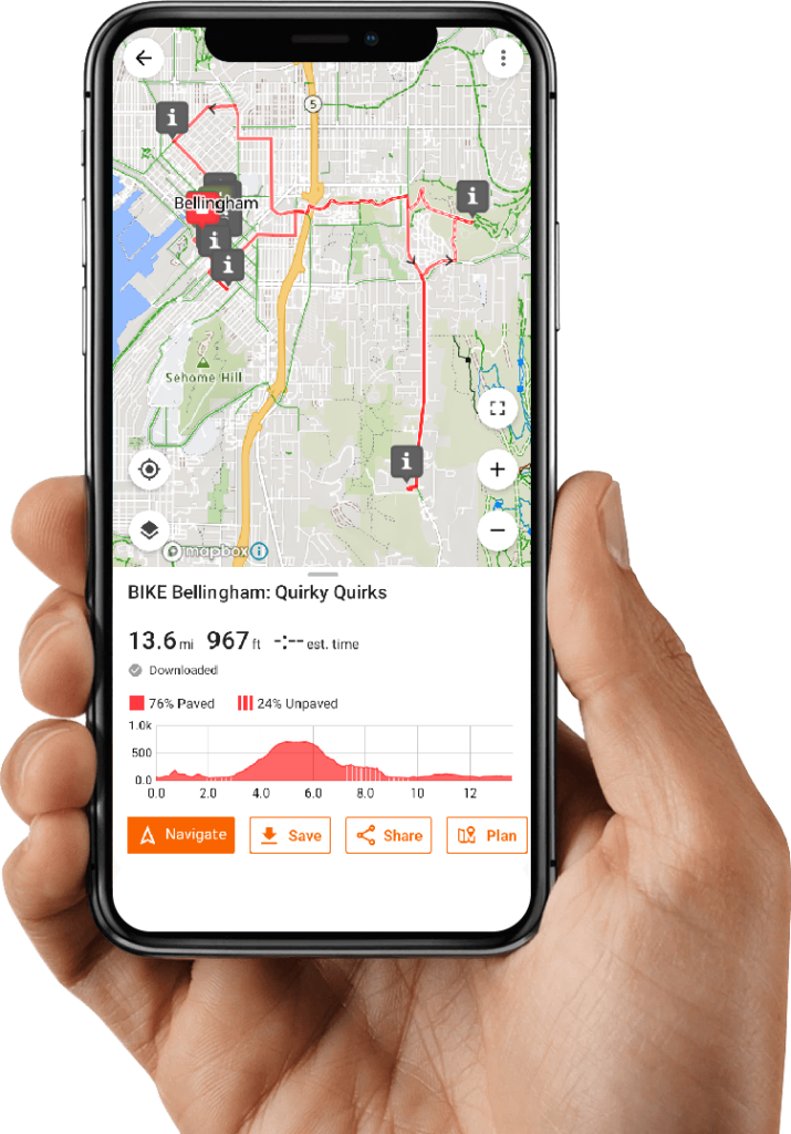 Hand Holding Phone showing RWGPS Route Map